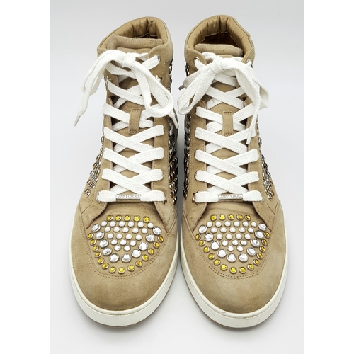 1068 - A Pair of Jimmy Choo Beige Embellished High Top Trainers/Sneakers. Suede exterior with silver-toned ... 