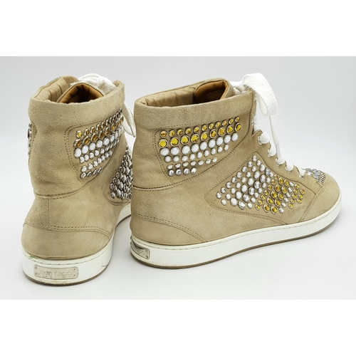 1068 - A Pair of Jimmy Choo Beige Embellished High Top Trainers/Sneakers. Suede exterior with silver-toned ... 