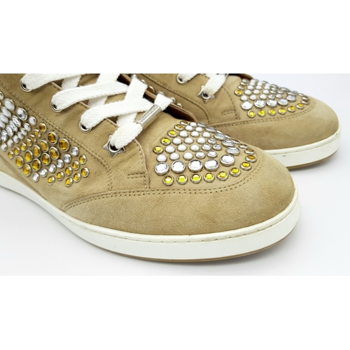 1068 - A Pair of Jimmy Choo Beige Embellished High Top Trainers/Sneakers. Suede exterior with silver-toned ... 