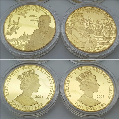 1017 - A Westminster 24K Gold Plated Proof Coin Set. 12, 2003 Queen Elizabet II Commemorative East Caribbea... 