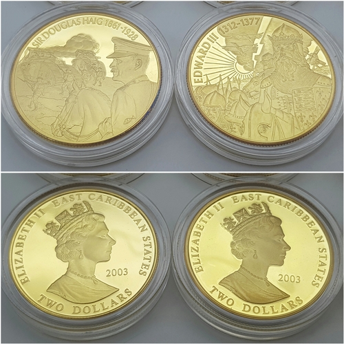 1017 - A Westminster 24K Gold Plated Proof Coin Set. 12, 2003 Queen Elizabet II Commemorative East Caribbea... 