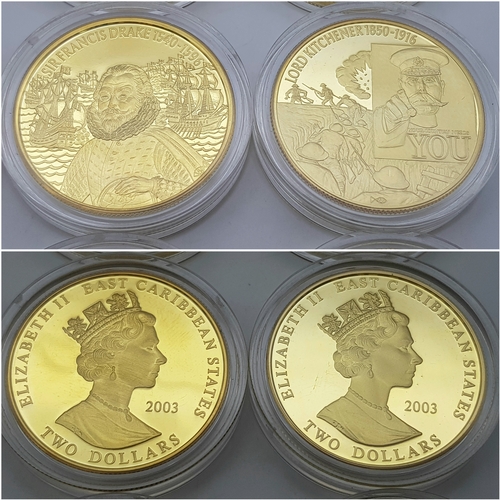 1017 - A Westminster 24K Gold Plated Proof Coin Set. 12, 2003 Queen Elizabet II Commemorative East Caribbea... 