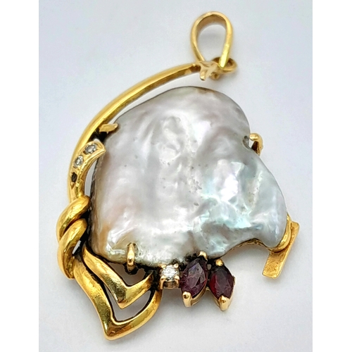 1095 - A Beautifully Abstract 18K Yellow Gold and Baroque Pearl Pendant with Ruby and Diamond accents. 3.5c... 