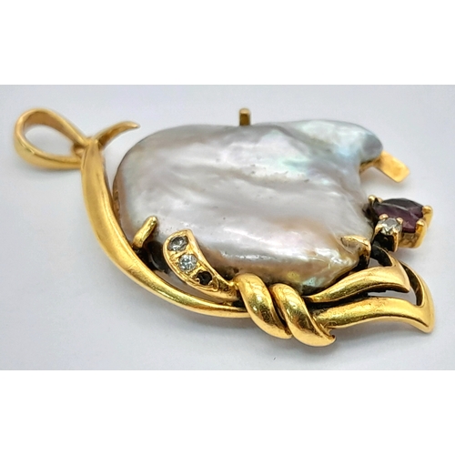 1095 - A Beautifully Abstract 18K Yellow Gold and Baroque Pearl Pendant with Ruby and Diamond accents. 3.5c... 