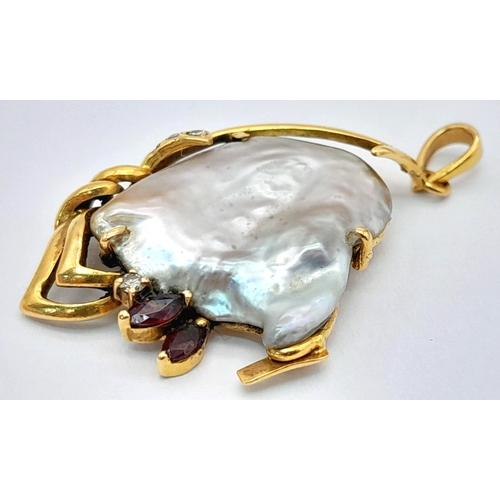 1095 - A Beautifully Abstract 18K Yellow Gold and Baroque Pearl Pendant with Ruby and Diamond accents. 3.5c... 