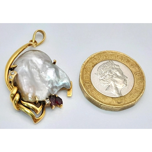 1095 - A Beautifully Abstract 18K Yellow Gold and Baroque Pearl Pendant with Ruby and Diamond accents. 3.5c... 