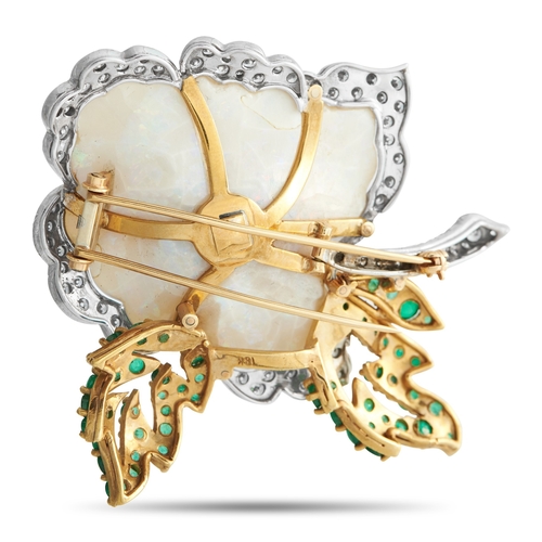 1048 - An 18K Yellow Gold 3.50ct Diamond, Opal, Emerald and Sapphire Flower Brooch. The flower silhouette i... 