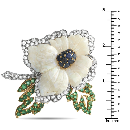 1048 - An 18K Yellow Gold 3.50ct Diamond, Opal, Emerald and Sapphire Flower Brooch. The flower silhouette i... 