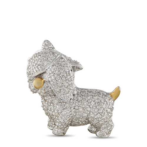1069 - An 18K White Gold 1.25ct Diamond Dog Brooch. Touches of gold contrast beautifully against the 18K Wh... 
