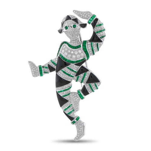 1076 - A Platinum 3.50ct Diamond, Emerald, and Onyx Art Deco Harlequin Brooch. Features contrasting colors,... 