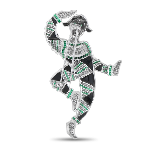 1076 - A Platinum 3.50ct Diamond, Emerald, and Onyx Art Deco Harlequin Brooch. Features contrasting colors,... 