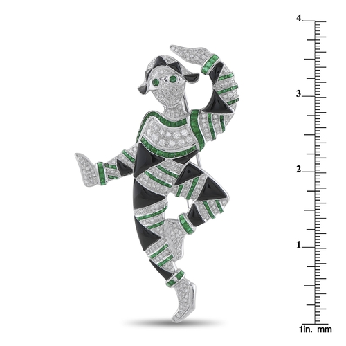 1076 - A Platinum 3.50ct Diamond, Emerald, and Onyx Art Deco Harlequin Brooch. Features contrasting colors,... 