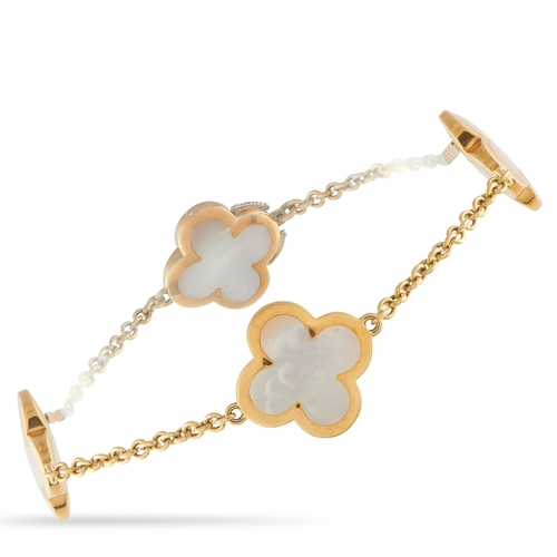 A Van Cleef & Arpels AlhambrAn 18K Yellow Gold Mother of Pearl Bracelet. Crafted from opulent 18K Yellow Gold, the iconic clover-shaped motifs accented by Mother of Pearl stones. It measures 7.0 inches long and includes tab insert clasp closure for a seamless finish. In good condition and includes a gift box. Total weight: 14.7 grams. *This item is held at Cadmore USA Office in Pennsylvania, USA and will be shipped from there. Buyers will be responsible for direct shipping payments.*