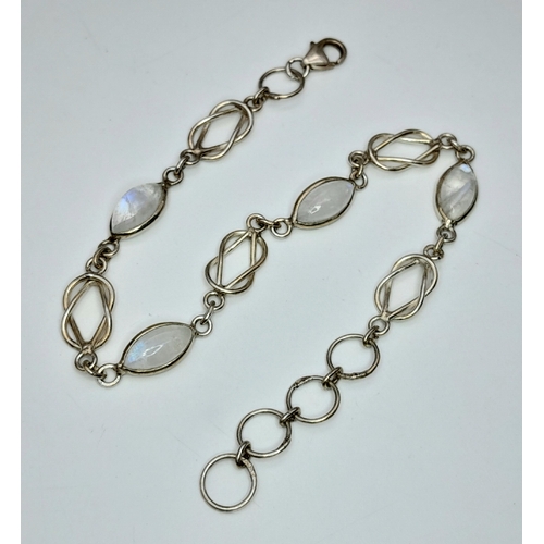 1112 - A Pretty Vintage Sterling Silver and Moonstone Set Chain Link Bracelet-20.5cm Overall Length. Set wi... 