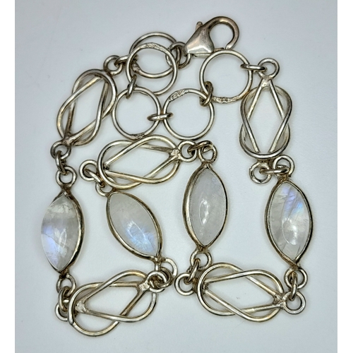 1112 - A Pretty Vintage Sterling Silver and Moonstone Set Chain Link Bracelet-20.5cm Overall Length. Set wi... 