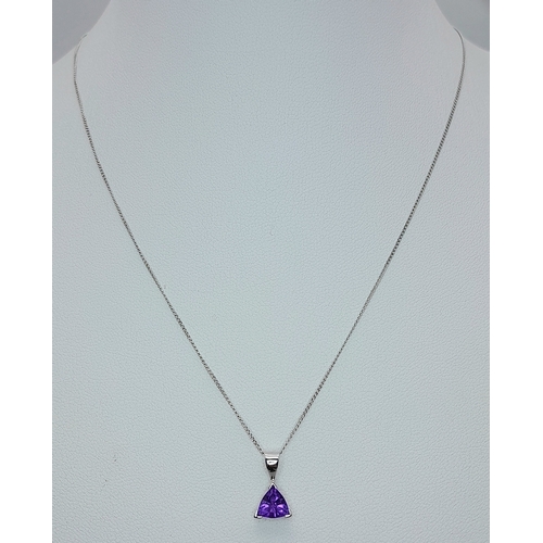523 - A Pretty 9 Carat White Gold, Top Colour, Trillion Cut Amethyst Pendant Necklace-41cm Length Chain. P... 