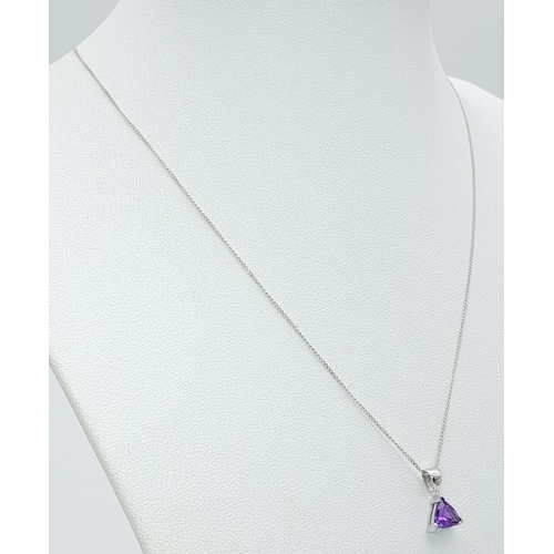 523 - A Pretty 9 Carat White Gold, Top Colour, Trillion Cut Amethyst Pendant Necklace-41cm Length Chain. P... 