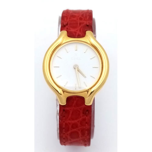 508 - A LADIES 18K GOLD EBEL BELUGA WATCH. RED LEATHER STRAP WITH 18K GOLD CLASP. 18K GOLD CASE - 25MM. WH... 