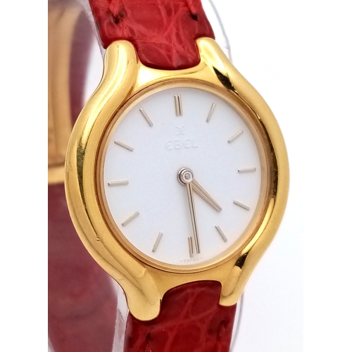 508 - A LADIES 18K GOLD EBEL BELUGA WATCH. RED LEATHER STRAP WITH 18K GOLD CLASP. 18K GOLD CASE - 25MM. WH... 