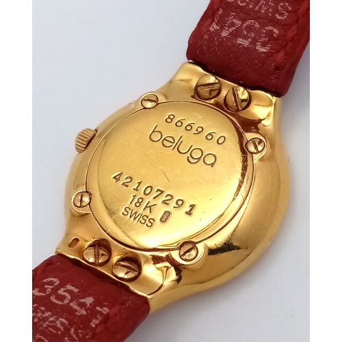 508 - A LADIES 18K GOLD EBEL BELUGA WATCH. RED LEATHER STRAP WITH 18K GOLD CLASP. 18K GOLD CASE - 25MM. WH... 