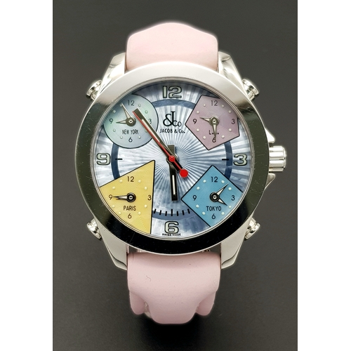 529 - A JACOB & CO MULTI ZONE TIMEPIECE LADIES WATCH. PASTEL PINK LEATHER STRAP. STAINLESS STEEL CASE - 42... 