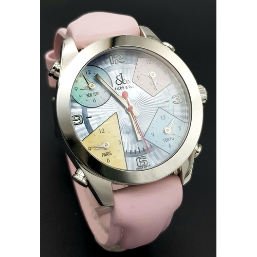529 - A JACOB & CO MULTI ZONE TIMEPIECE LADIES WATCH. PASTEL PINK LEATHER STRAP. STAINLESS STEEL CASE - 42... 