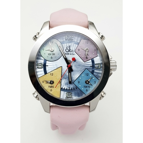 529 - A JACOB & CO MULTI ZONE TIMEPIECE LADIES WATCH. PASTEL PINK LEATHER STRAP. STAINLESS STEEL CASE - 42... 