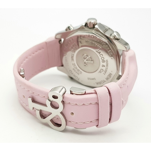 529 - A JACOB & CO MULTI ZONE TIMEPIECE LADIES WATCH. PASTEL PINK LEATHER STRAP. STAINLESS STEEL CASE - 42... 