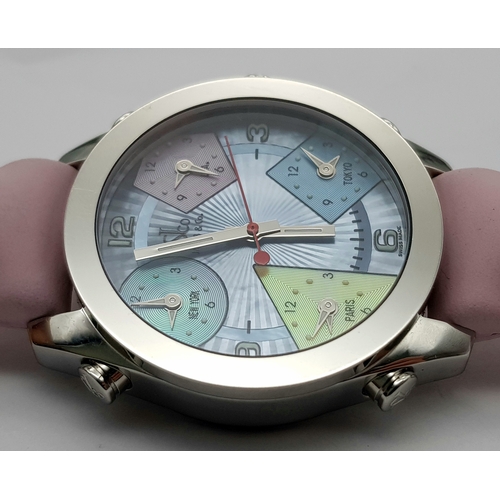 529 - A JACOB & CO MULTI ZONE TIMEPIECE LADIES WATCH. PASTEL PINK LEATHER STRAP. STAINLESS STEEL CASE - 42... 