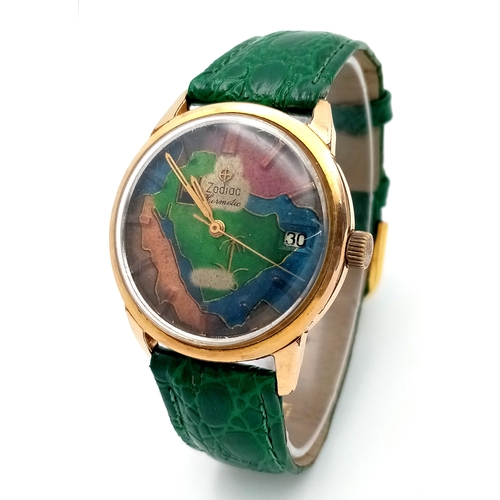 1080 - A VINTAGE MECHANICAL HAND-WIND ZODIAC KERMETIC WATCH. GREEN LEATHER STRAP. TWO TONE CASE - 34MM. MUL... 