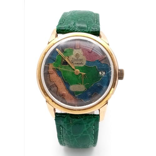 1080 - A VINTAGE MECHANICAL HAND-WIND ZODIAC KERMETIC WATCH. GREEN LEATHER STRAP. TWO TONE CASE - 34MM. MUL... 