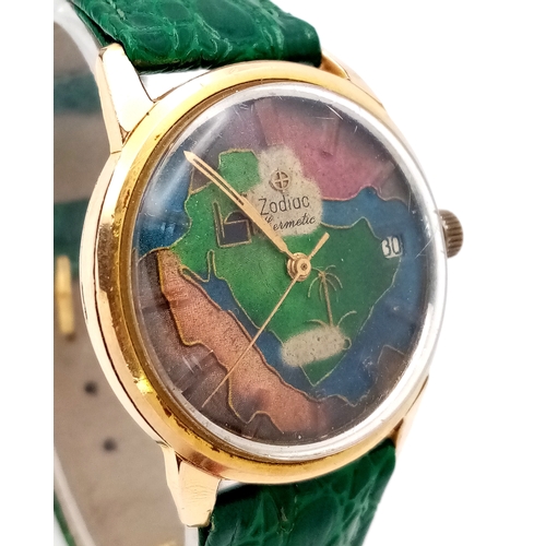 1080 - A VINTAGE MECHANICAL HAND-WIND ZODIAC KERMETIC WATCH. GREEN LEATHER STRAP. TWO TONE CASE - 34MM. MUL... 