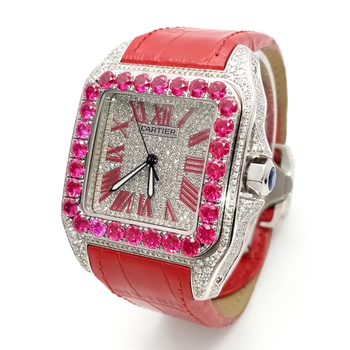 1087 - A CARTIER SANTOS 100 DIAMOND AND LAB GROWN RUBY LADIES WATCH. RED LEATHER BRACELET. STAINLESS STEEL ... 