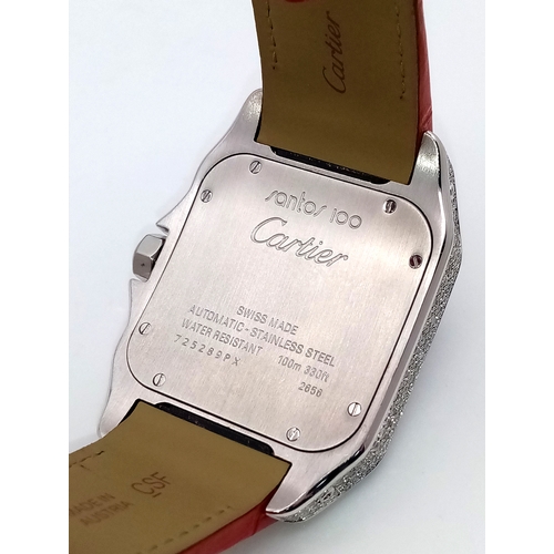 1087 - A CARTIER SANTOS 100 DIAMOND AND LAB GROWN RUBY LADIES WATCH. RED LEATHER BRACELET. STAINLESS STEEL ... 