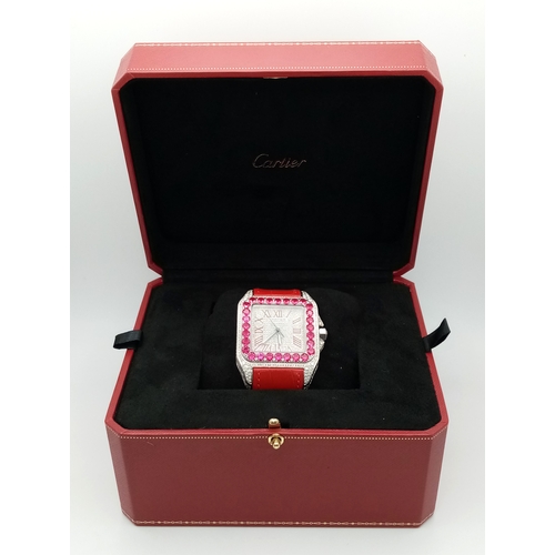 1087 - A CARTIER SANTOS 100 DIAMOND AND LAB GROWN RUBY LADIES WATCH. RED LEATHER BRACELET. STAINLESS STEEL ... 