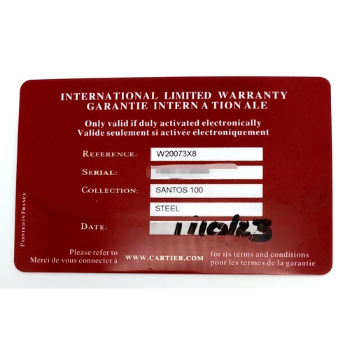 1087 - A CARTIER SANTOS 100 DIAMOND AND LAB GROWN RUBY LADIES WATCH. RED LEATHER BRACELET. STAINLESS STEEL ... 