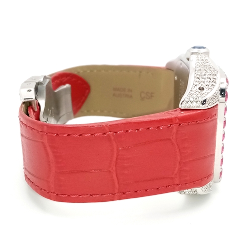 1087 - A CARTIER SANTOS 100 DIAMOND AND LAB GROWN RUBY LADIES WATCH. RED LEATHER BRACELET. STAINLESS STEEL ... 