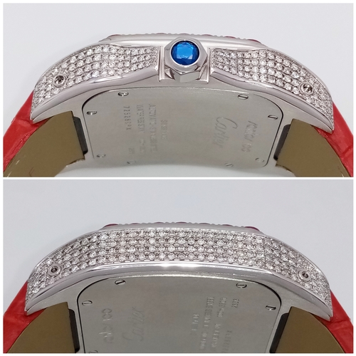 1087 - A CARTIER SANTOS 100 DIAMOND AND LAB GROWN RUBY LADIES WATCH. RED LEATHER BRACELET. STAINLESS STEEL ... 