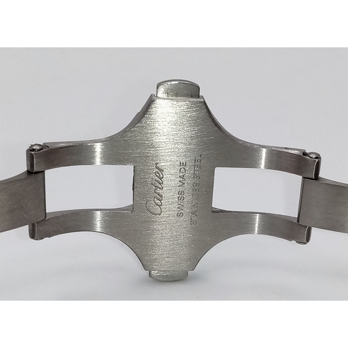 1087 - A CARTIER SANTOS 100 DIAMOND AND LAB GROWN RUBY LADIES WATCH. RED LEATHER BRACELET. STAINLESS STEEL ... 