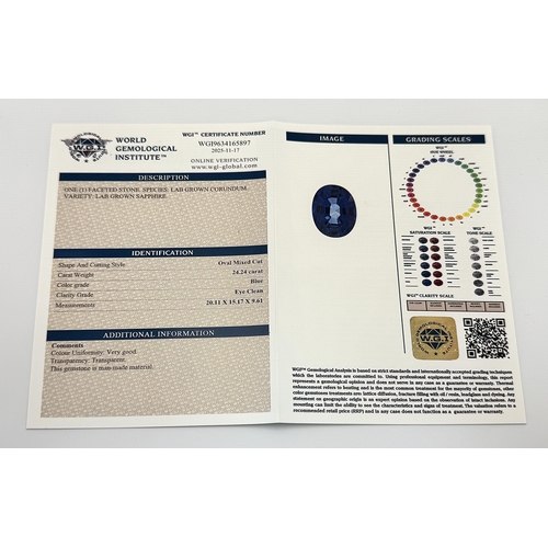 1115 - A W.G.I Certified Lab Grown 24.24ct Sapphire. Oval mixed cut.
