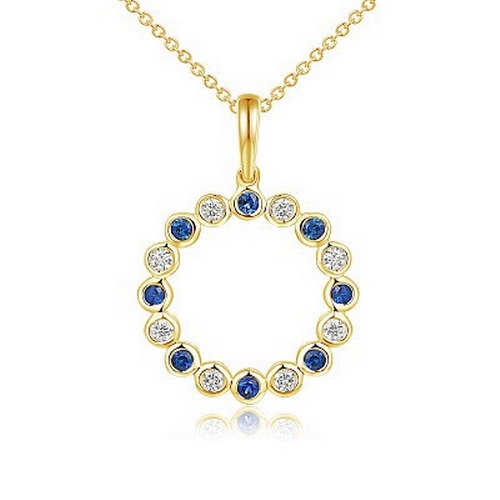 1083 - An 18K Yellow Gold, Diamond and Sapphire Circle Pendant on an 18K Gold Chain. 0.21ctw gemstones. 2.8... 