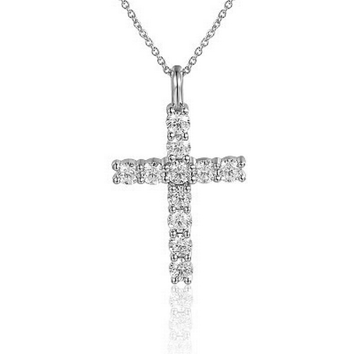 1090 - An 18K White Gold Round Brilliant Cut Claw-Set Diamond Cross Pendant and Chain 18