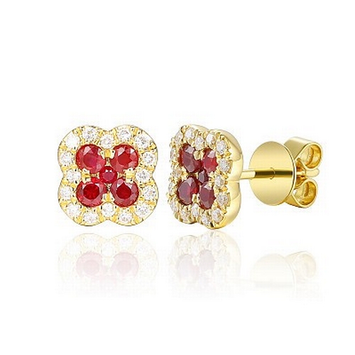 1111 - A Pair of 18K Yellow Gold Ruby and Diamond Cluster Earrings. 0.62ctw gemstones. 3.04g total weight. ... 