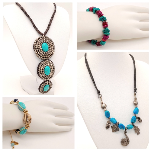 1160 - 4X turquoise jewellery pieces. 
Comprise one braided cord necklace (approx. 36cm), one cord necklace... 