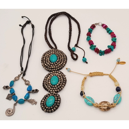 1160 - 4X turquoise jewellery pieces. 
Comprise one braided cord necklace (approx. 36cm), one cord necklace... 