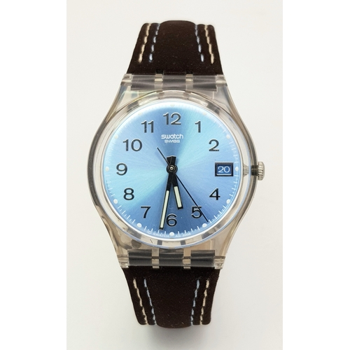 1001 - A SWATCH, BLUE CHOCO WATCH. 2003 MODEL GM415. UNWORN AND IN ORIGINAL PACKAGING. IN FULL WORKING ORDE... 