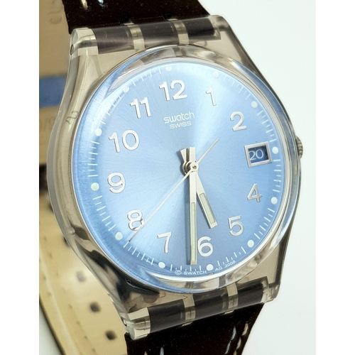 1001 - A SWATCH, BLUE CHOCO WATCH. 2003 MODEL GM415. UNWORN AND IN ORIGINAL PACKAGING. IN FULL WORKING ORDE... 