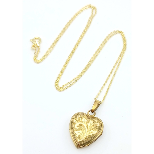 1007 - A Vintage Rolled Gold Heart Locket Pendant on a later 46cm Gold Gilded Sterling Silver Chain. The Lo... 
