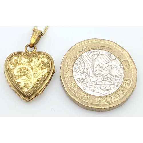 1007 - A Vintage Rolled Gold Heart Locket Pendant on a later 46cm Gold Gilded Sterling Silver Chain. The Lo... 