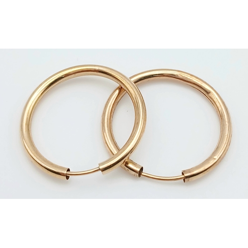 1036 - A PAIR OF, 9K YELLOW GOLD, HOOP, SLEEPER EARRINGS. 0.4G. A/S RED 16